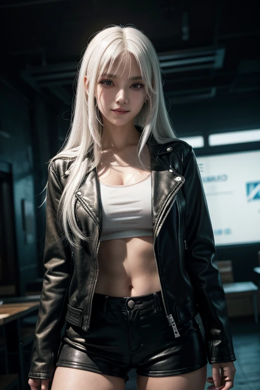 Straight, black jacket, silver hair, wide hips