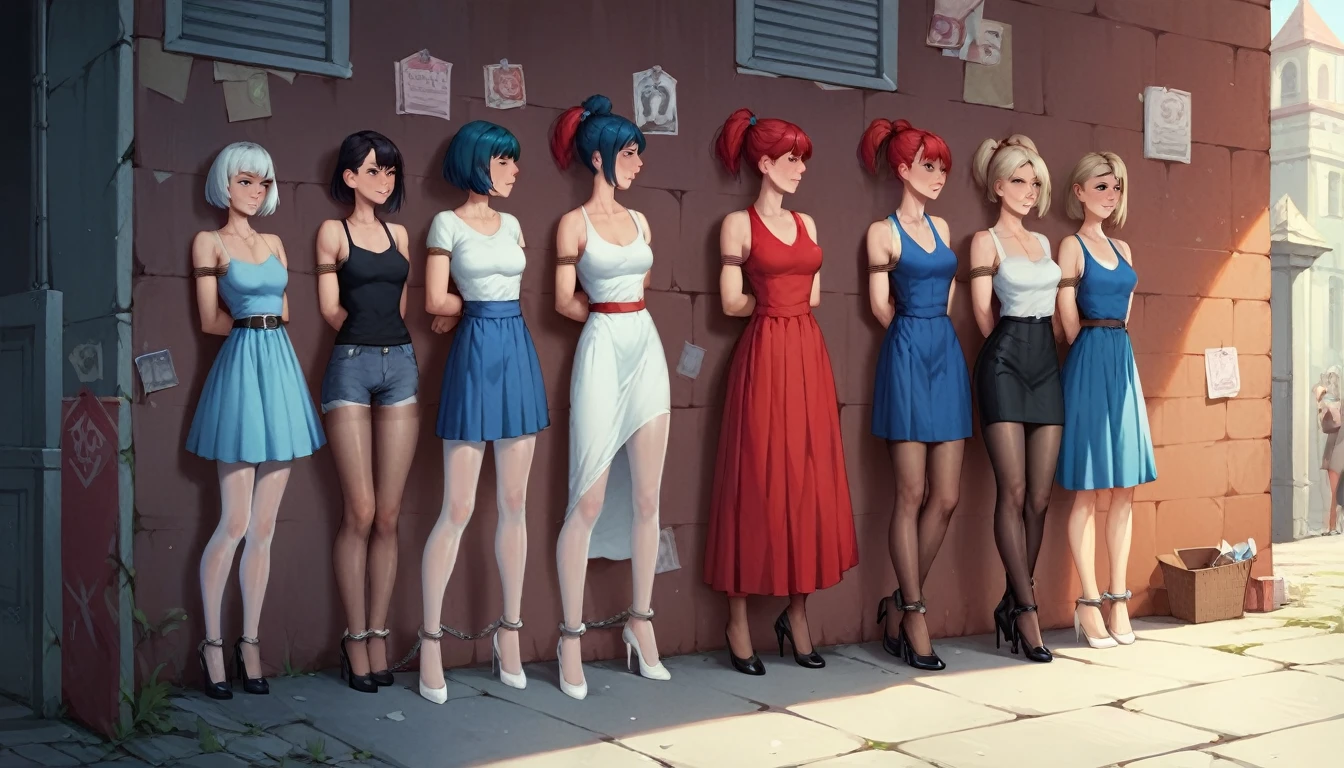  4girls, 31 yo, prostitute, stand in a row against the wall facing the wall, look at the wall, handcuffed,  in handcuffs behind their backs, arms behind back, bound arms, dressed in different colour (red, blue, teal, grey) sexy latex dresses and transparent pantyhose and high heels, different hairstyles (ponytail, updo, twin tails, bob cut), chained to the wall