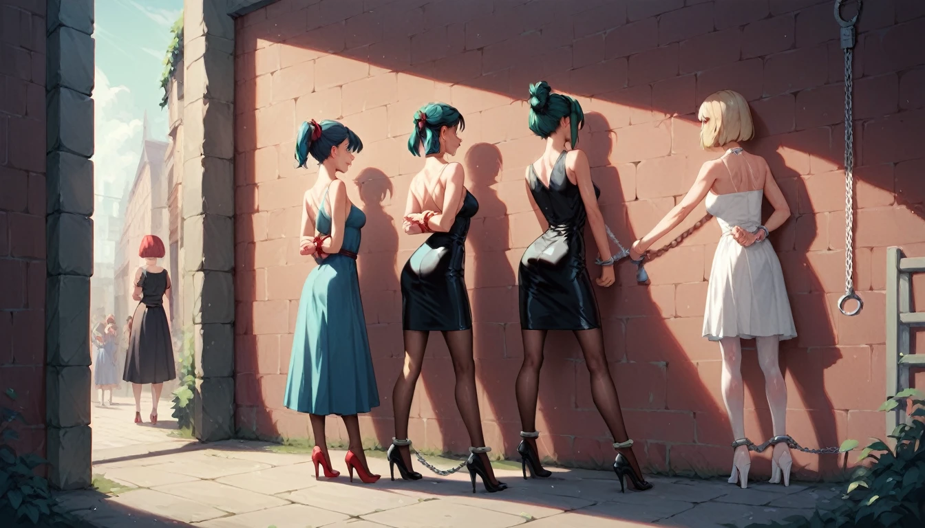  4girls, 31 yo, prostitute, stand in a row against the wall facing the wall, look at the wall, handcuffed,  in handcuffs behind their backs, arms behind back, bound arms, dressed in different colour (red, blue, teal, grey) sexy latex dresses and transparent pantyhose and high heels, different hairstyles (ponytail, updo, twin tails, bob cut), chained to the wall