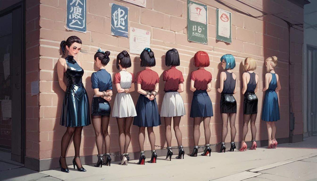  4girls, 31 yo, prostitute, stand in a row against the wall facing the wall, look at the wall, handcuffed,  in handcuffs behind their backs, arms behind back, bound arms, dressed in different colour (red, blue, teal, grey) sexy latex dresses and transparent pantyhose and high heels, different hairstyles (ponytail, updo, twin tails, bob cut), chained to the wall