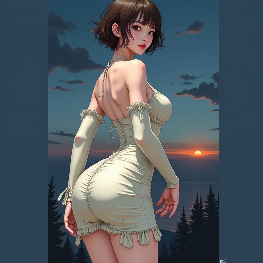 ((Highest quality、masterpiece、anime style、best quality、high resolution、8k、detailed、ultra-detailed:1.3))、Long legs:1.2, Beautiful woman with perfect figure:1.4、(Smiling:1.2), double eyelid、30-year-old female、((One Woman,beautiful face,Beautiful face、Japanes,night,upper body:1.2)),Big Breasts、High resolution, accurate, Anatomically correct, High-resolution model, high quality, Very detailed, Ultra high definition, Textured skin,((full moon,dynamic angle,looking at viewer,outdoor,dress:1.2)),starry skies