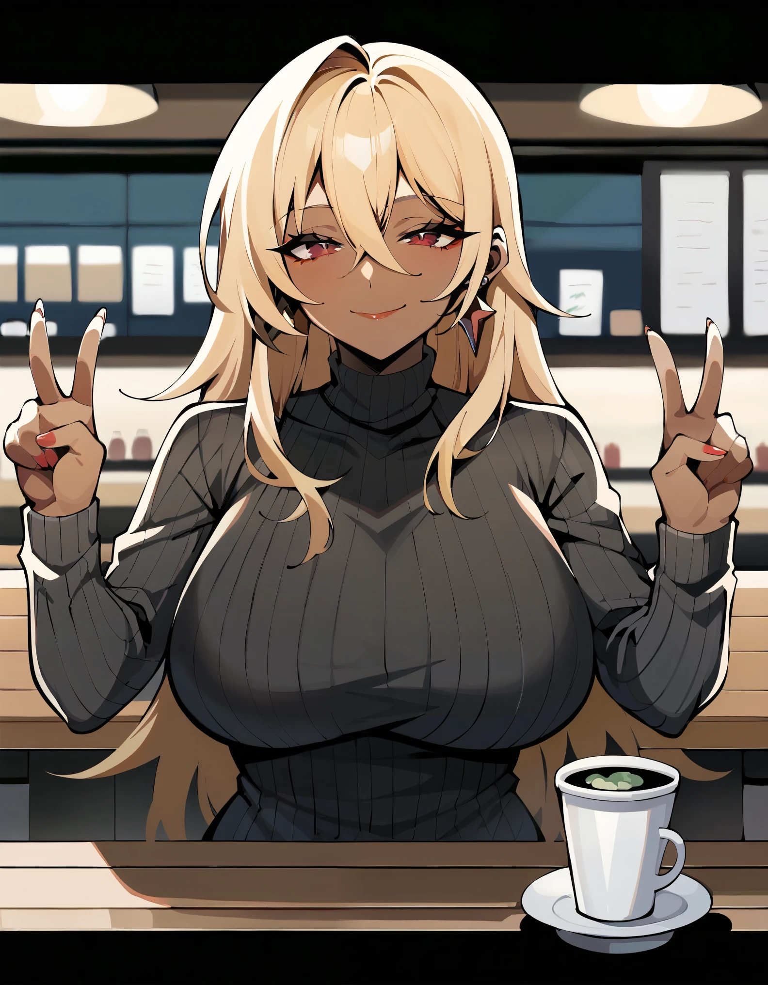 score_9, score_8_up, score_7_up, 1girl, milf, gyaru, solo, (dark skin, black skin:1.8), belle \(zenless zone zero\), (huge breasts:1.2), (((blonde hair), long hair, bangs, hair between eyes, red eyes, half-closed eyes)), red lips, ((sweater dress, turtleneck sweater, long sleeves)), ((light smile, closed mouth)), ((double v, cafe))