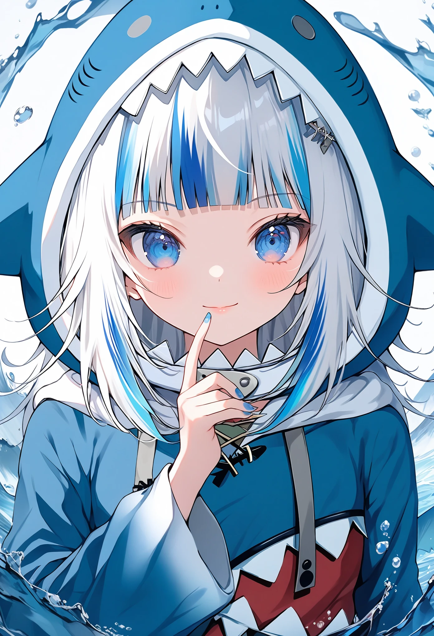 score_9, score_8_up, score_7_up,source_anime, high res image,masterpiece,best quality,girl,cute face,clear skin,shiny hair,ultra detailed eyes, gawr gura,1girl, virtual youtuber, hood, solo, blue eyes, multicolored hair, blue hair, blue nails, streaked hair, weapon, looking at viewer, blue hoodie, grey hair, animal hood, shark hood, holding, hoodie, long sleeves, nail polish, upper body, closed mouth, holding weapon, trident, blunt bangs, water, hood up, fins, medium hair, hand up,