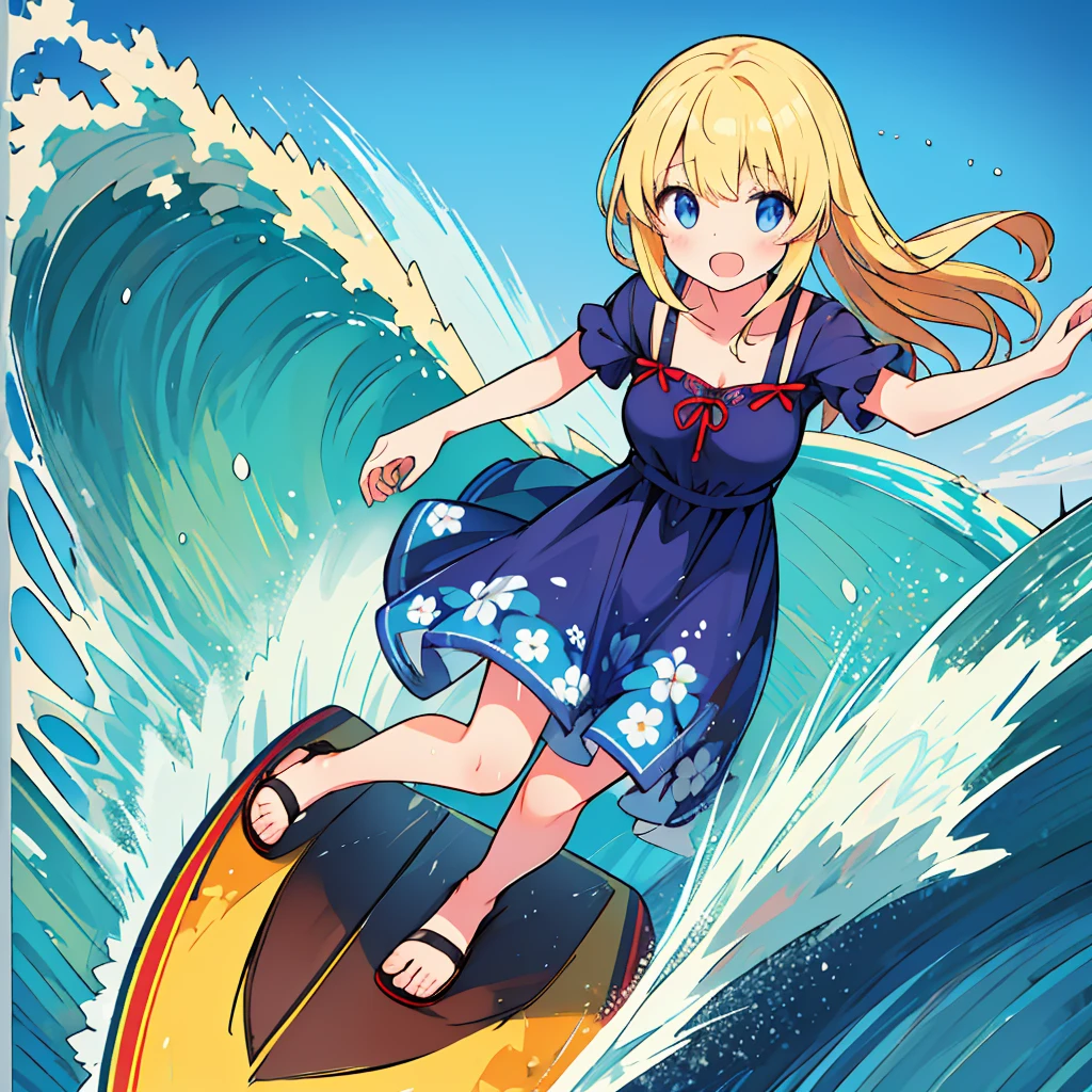 (8k, Very high quality, masterpiece), (detailed), One Woman, cute, Small breasts, blonde, Navy Blue Dress, long, Floral, Hawaiian Dress, Sandals, whole body, sea, surfing, びしょWet, Bright smile, Wet, Splash, 