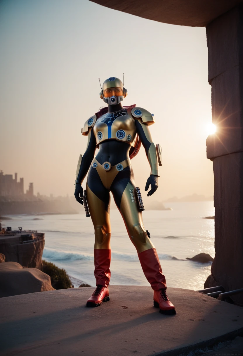 Muscular man, defined body, gold rings on all fingers, light blue colored gangster jacket, black shirt underneath jacket, long army pants of green color, military boots of brown color, evil smile, spiky orange hair, messy hair, short hair, yellow colored eyes, desert scenery with great mountains, scenery with monsters around. , power suit, powerranger, suit, spd, (Power ranger suit), gold detail, masked,