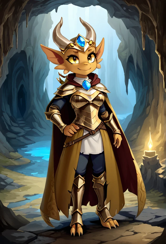 anthropomorphic kobold, female, she has well-detailed gold scales, she has curved horns with white divisions, she has long furry ears, she has beautiful well-detailed yellow eyes, she is wearing a medieval armor, she is wearing a ruined and torn light brown poncho and a gold circlet with a blue gem, she is standing in a cave, in the background are some stalagtites, 2d art style, full body view from the front and looking at the viewer with a somewhat sad smile.