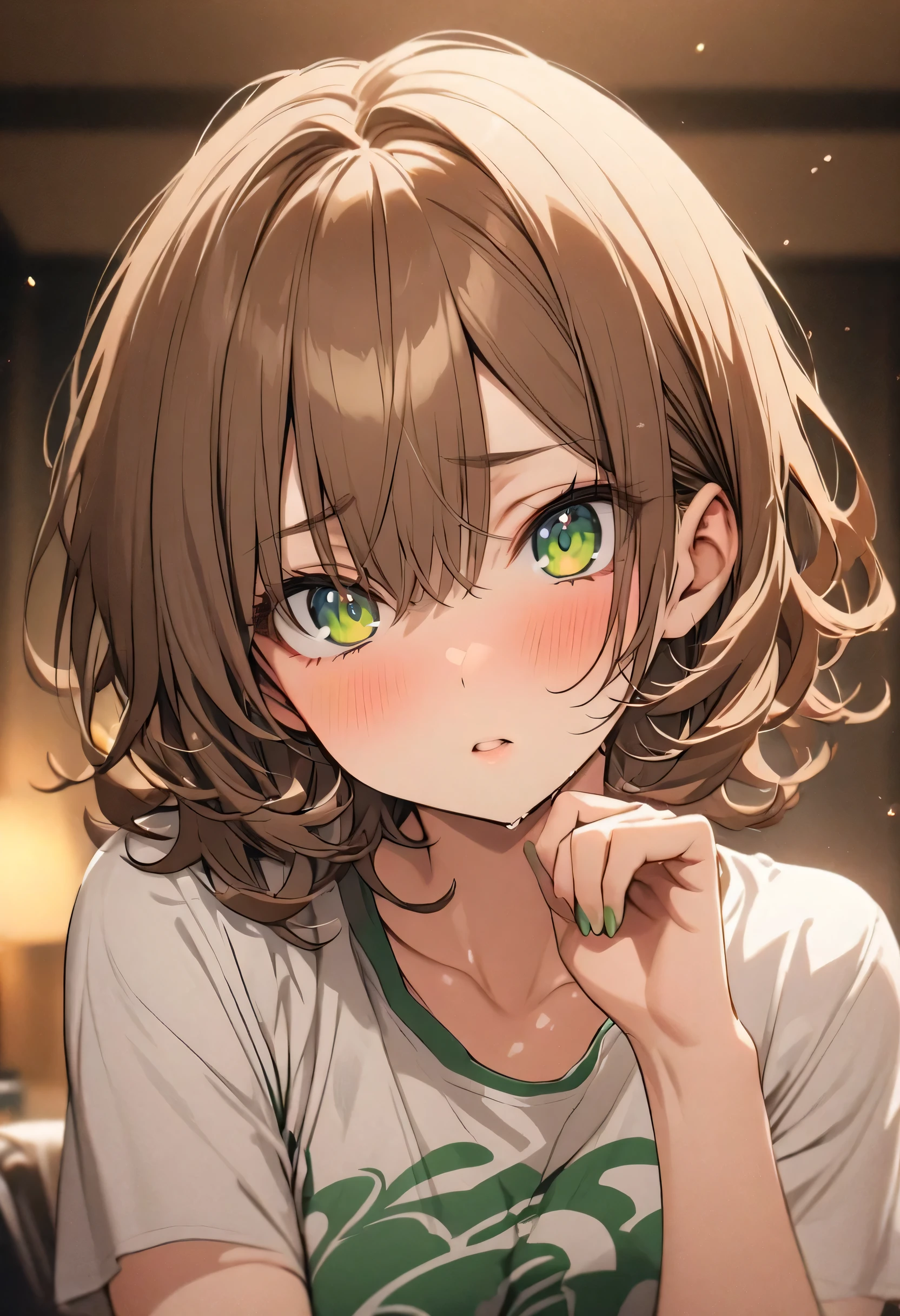 White, short brown hair, green curly eyes, top quality