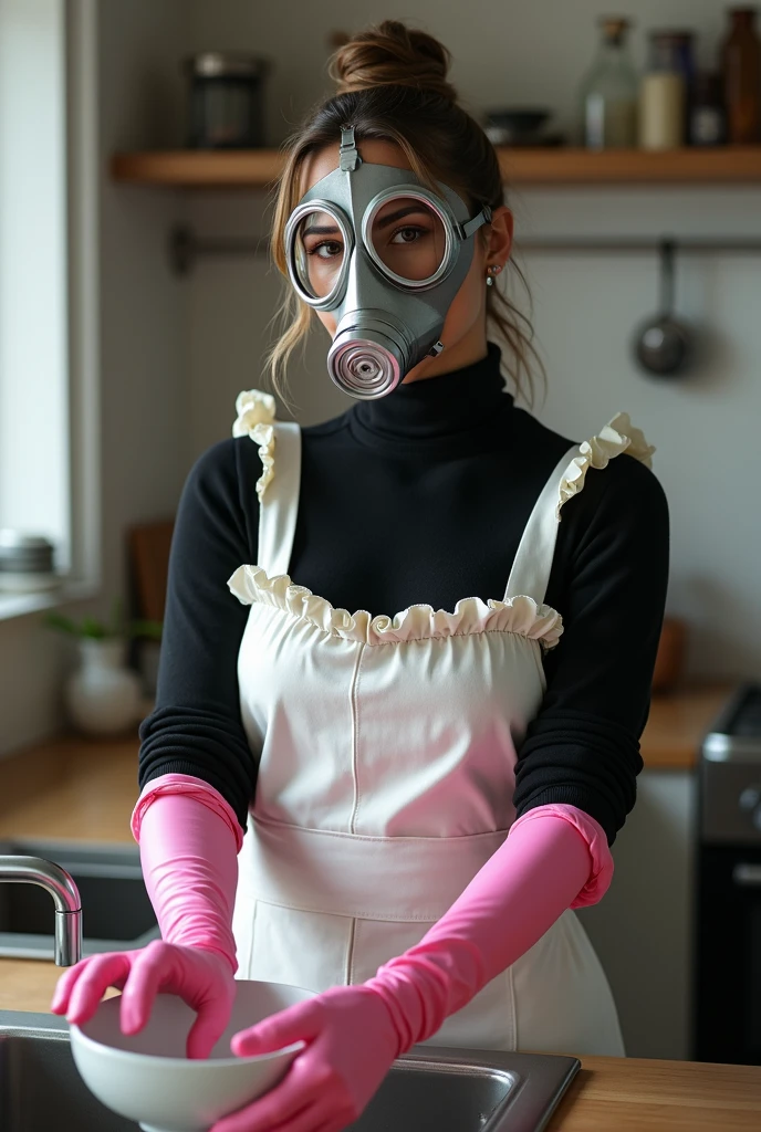Una chica, tetas grandes, muslos grandes, black gas mask, mojada, sin ropa, realista, vagina rosa, acosta, sentada,de espaldas