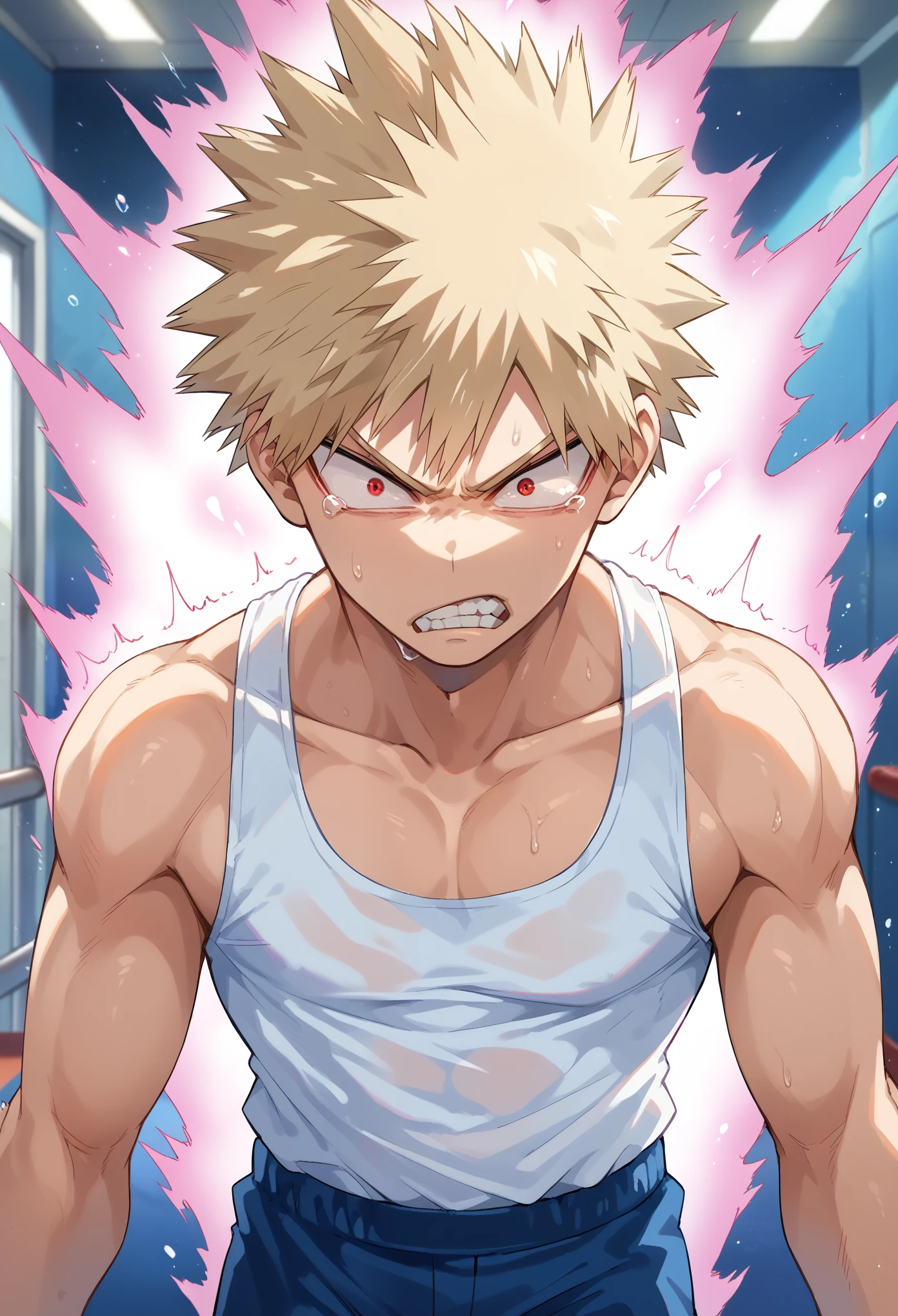 score_9, score_8_up, score_7_up, 1boy, solo, male focus, bakugou,blonde hair,red eyes, medium hair,spiked hair, white tank top, blue pants, sport pants, angry, frown, teeth, scared, shaking, standing, looking at you, pink aura, aura around body, indoors, hall, lobby