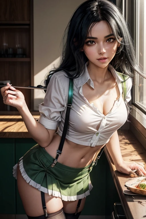 ompt truk), (Ultra realistic), (Illustration), (High resolution), (8K), (Very detailed), (Best illustration), (Beautiful green eyes), (Best quality), (Ultra detailed), (Masterpiece), (Detailed face), Solo, (Dynamic pose), 1 girl, Black wavy hair in class room, big boobs, Little moles under the eyes, ((school uniform)),  Big tits, Tighten abs, (camel toe), ,Kurotaki Rin,ass,crop shirt underboob,crop top,Oversized shirt, without skirt,