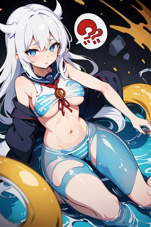 white hair,White competitive swimsuit,Loli,loli,small breasts,No breasts,slender,cute,It's exposed,cover your chest with your hands,lotion,Wet,love,embarrassed,love juice,Pussy,Pussyから液体,highest quality,Single unit,Crotch shift,Pussy