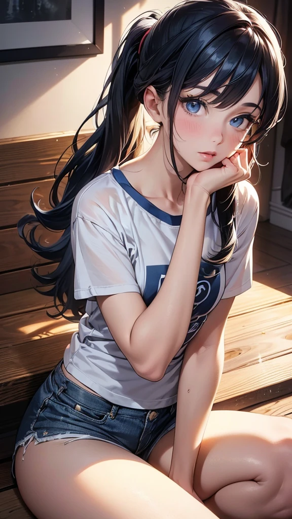 one woman, standing, tall of a person,white t-shirt,blue jeans,thin,gleaming skin,beautiful face,sharp eyes,flushed cheeks,cool,long hair,pony tale, black hair,slender face,indoor,illustration style,anime style,masterpiece, extremely fine and beautiful,illustration,adult woman