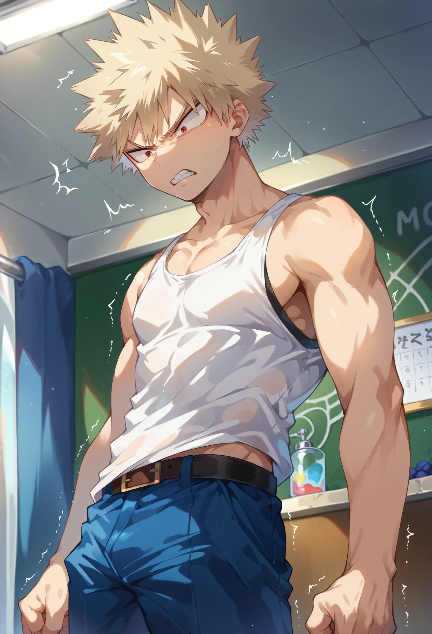 Katsuki Bakugo from Boku No Hero Academia sitting on a chair naked with massive penis, bodybuilder, with oily skin, handsome, big legs, defined body, topless, shirtless, abs, sweat, scenery of classroom