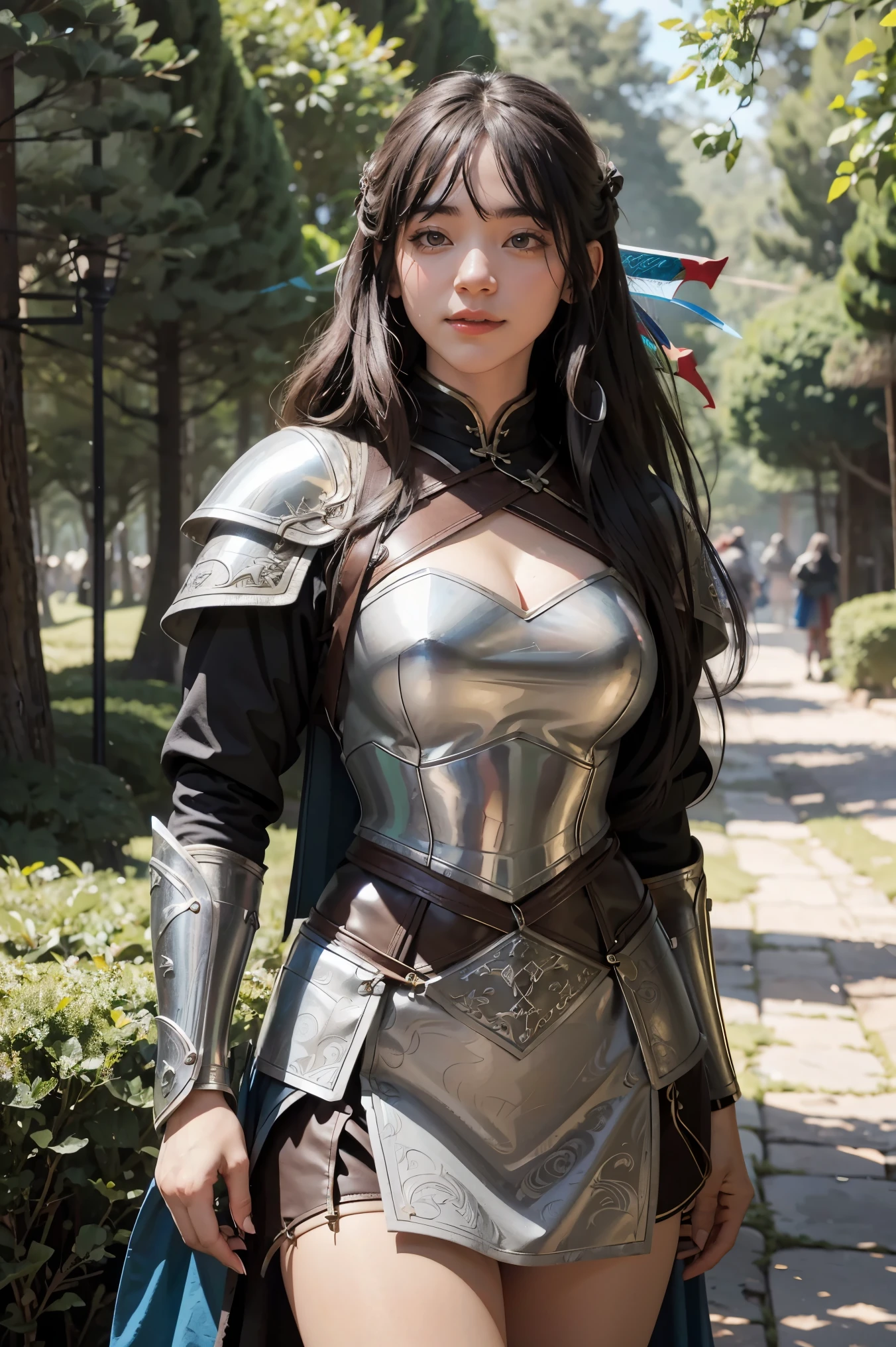 best quality, masterpiece, ultra high res, strong woman, long curly hair, leather armor, medieval clothing, archer, elaborate bow, mystical runes, magical, detailed background, forest, extreme detail, 4k,  