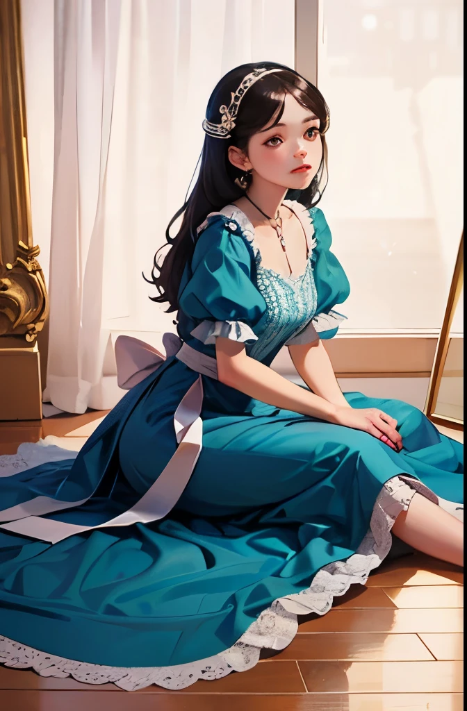 there is a woman sitting on the floor in a dress, a pastel inspired by Alice Prin, tumblr, rococo, rococo dress, # rococo, rococo queen, dress in the style of rococo, rococo fashion, rococo ruffles dress, victorian style costume, victorian inspired clothing, with victorian clothing, in victorian aristocrat, victorian dress