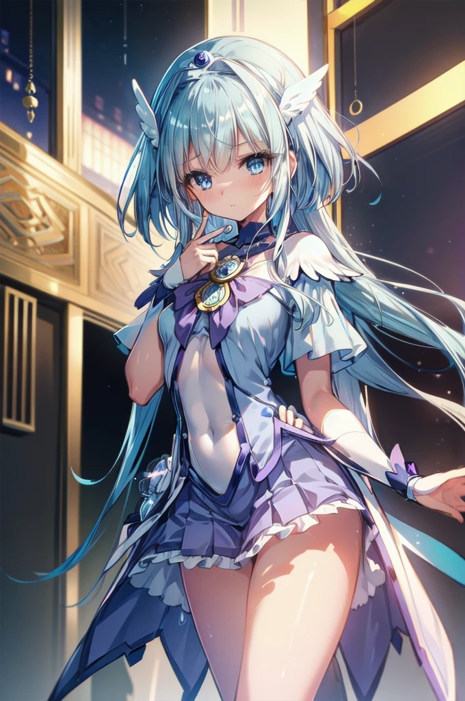 (Highly detailed CG), (最High image quality), 1 girl, 完璧なface,  Cure Beauty，Shiny skin, Glowing skin, Wide Hips,Narrow waist, ((Cure Beauty)),bangs,blue eyes,Sweaty，skirt，Leotard Peep，thighhighs， ((day:1.5)),indoor, ((Highly detailed background)), Cowboy Shot,1 girl, Alone,beautiful Finger,beautiful long legs,beautiful body,(Mature Woman:1.3),Compensate,Open lips,(Shiny skin:1.3),(Gorgeous, dense skin),(Thin Hair), masterpiece, High image quality, High resolution, Confused,(beautiful and aesthetic:1.2), beautiful hand, (4K), 8k, Perfect balance,(extremely detailed CG unity 8k wallpaper), Perfect hands, Embarrassing, , Light_trace,Intricate details,Written boundary depth, extremely delicate and beautiful,Professional photography, Bokeh, High resolution, Sharp details, 最High image quality, (beautiful,Chest), (beautiful_face), (Narrow waist), Bent, Thick thighs,Elbow Bag,1 girl, Long Hair, 