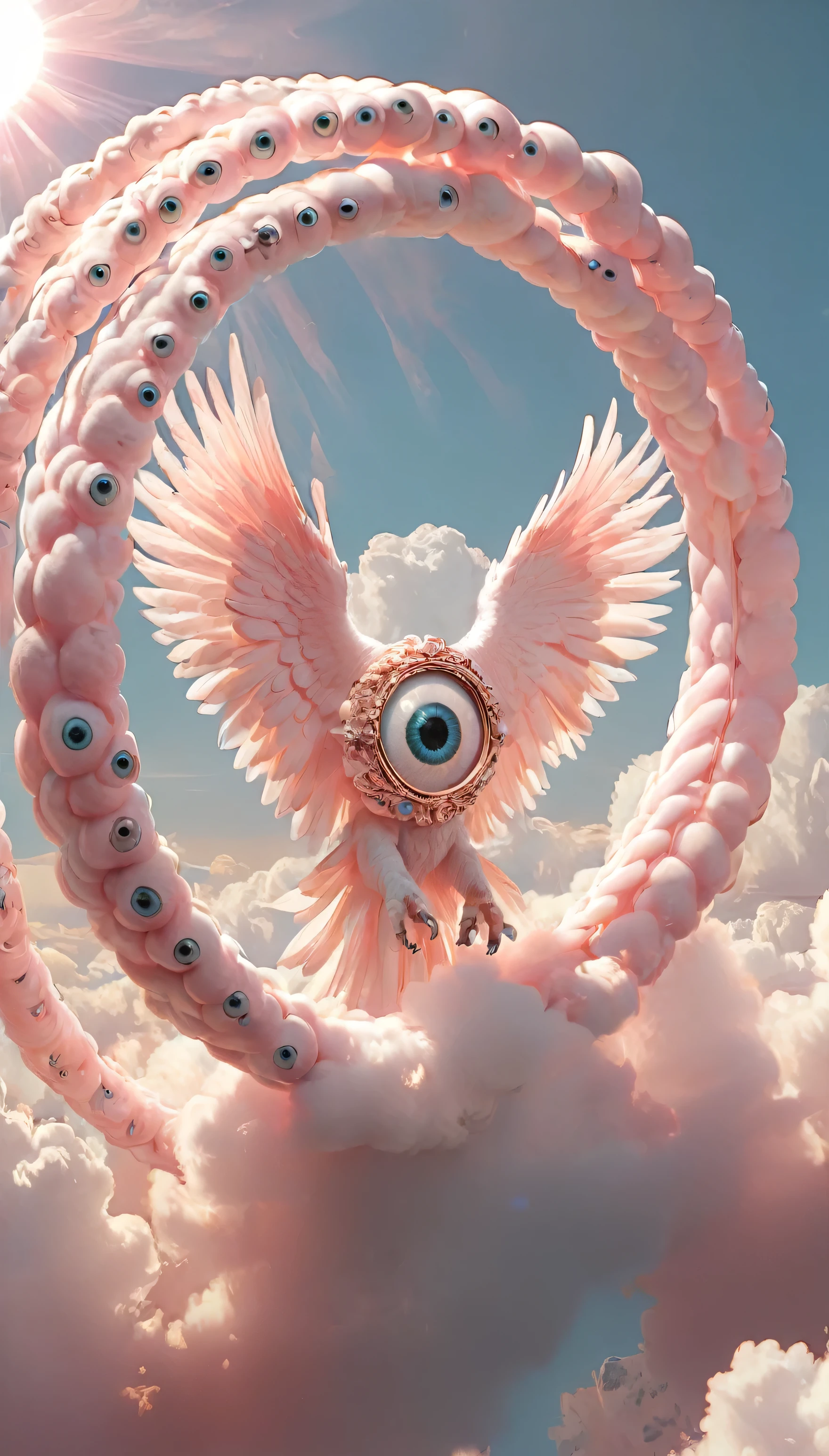 BIG seraphins, mystical creature with hundreds of eyes and wings, with the shape of a giant ring, circular hoops around body, massive size, angelical lights light and soft pink colors, pastel colors flying over the white clouds in the sky, the sun brightly illuminates the day 4K Hiper realistic