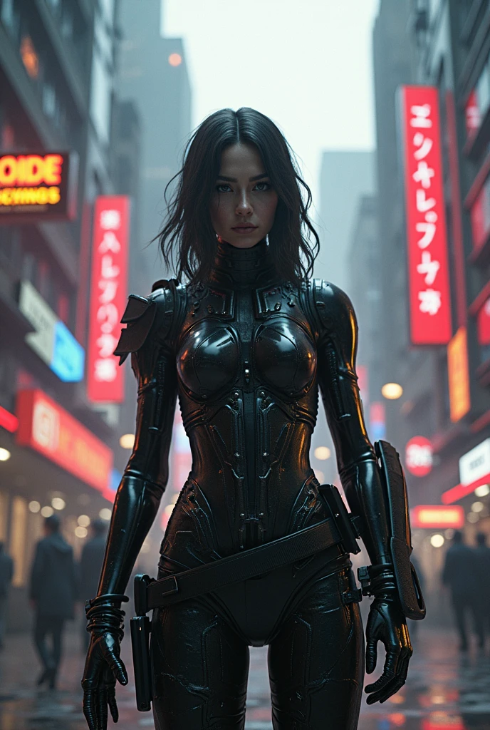 a futuristic cyberpunk woman while she searches a semi-destroyed alien city, within the city walls some mysterious alien symbols can be glimpsed,hyper-realistic, cinematic, 8k, ultra-detailed, masterpiece, intricate-details, photo-realistic, first-floor