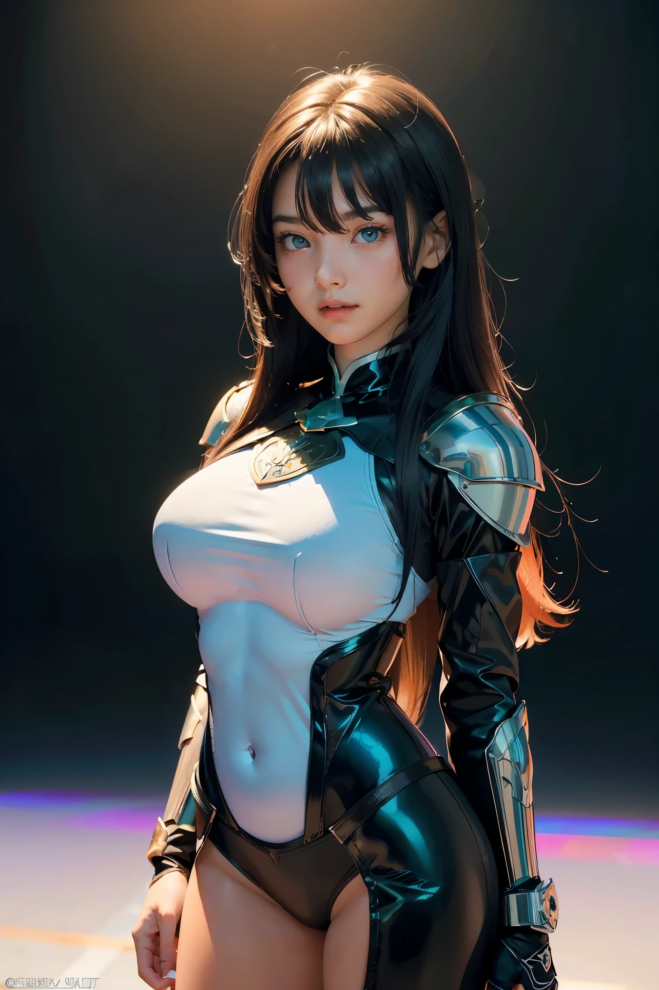 1girl, depth of field, official art, unity 8k wallpaper, ultra detailed, illustration, beautiful and aesthetic, masterpiece, best quality, knight, (big breasts), (milf, mature female), (black armor, armor, breastplate), beautiful face, (long hair, black hair,  very straight hair:1.4, hime cut:1.4), blue eyes, cowboy shot, glowing skin, back lighting, athletic figure, muscular female, curvy, wide hips, colorful, looking at viewer, Hyperrealistic, gradient background, dark background, outline, fantasy, from the front, watercolor, traditional media, (chromatic aberration, intricate details), thick body, kim kardashan body type, ice queen, ice blades flying around,