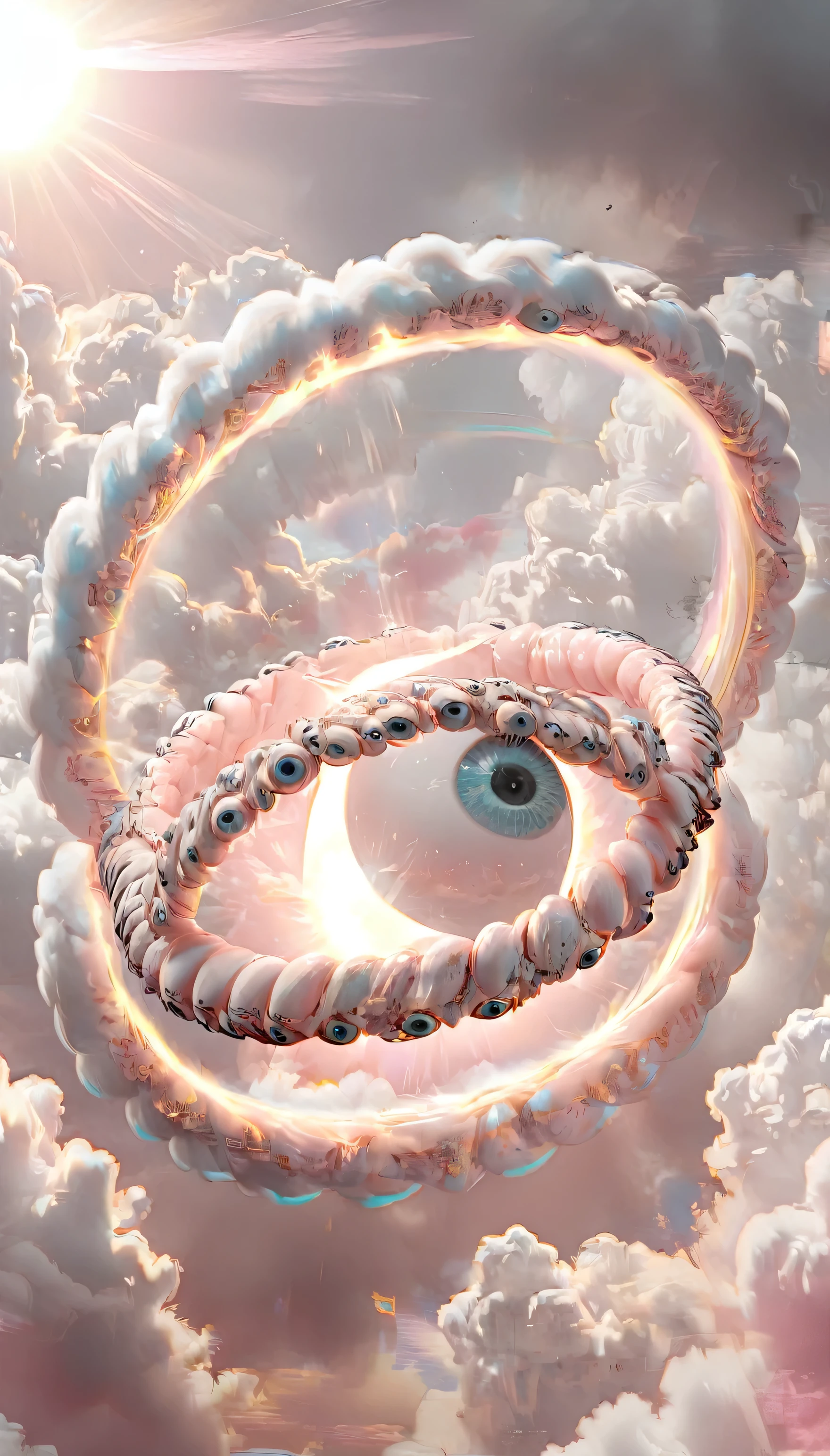 eraphins, mystical creature with hundreds of eyes and wings, with the shape of a giant ring, circular hoops around body, massive size, angelical lights light and soft pink colors, pastel colors flying over the white clouds in the sky, the sun brightly illuminates the day 4K Hiper realistic