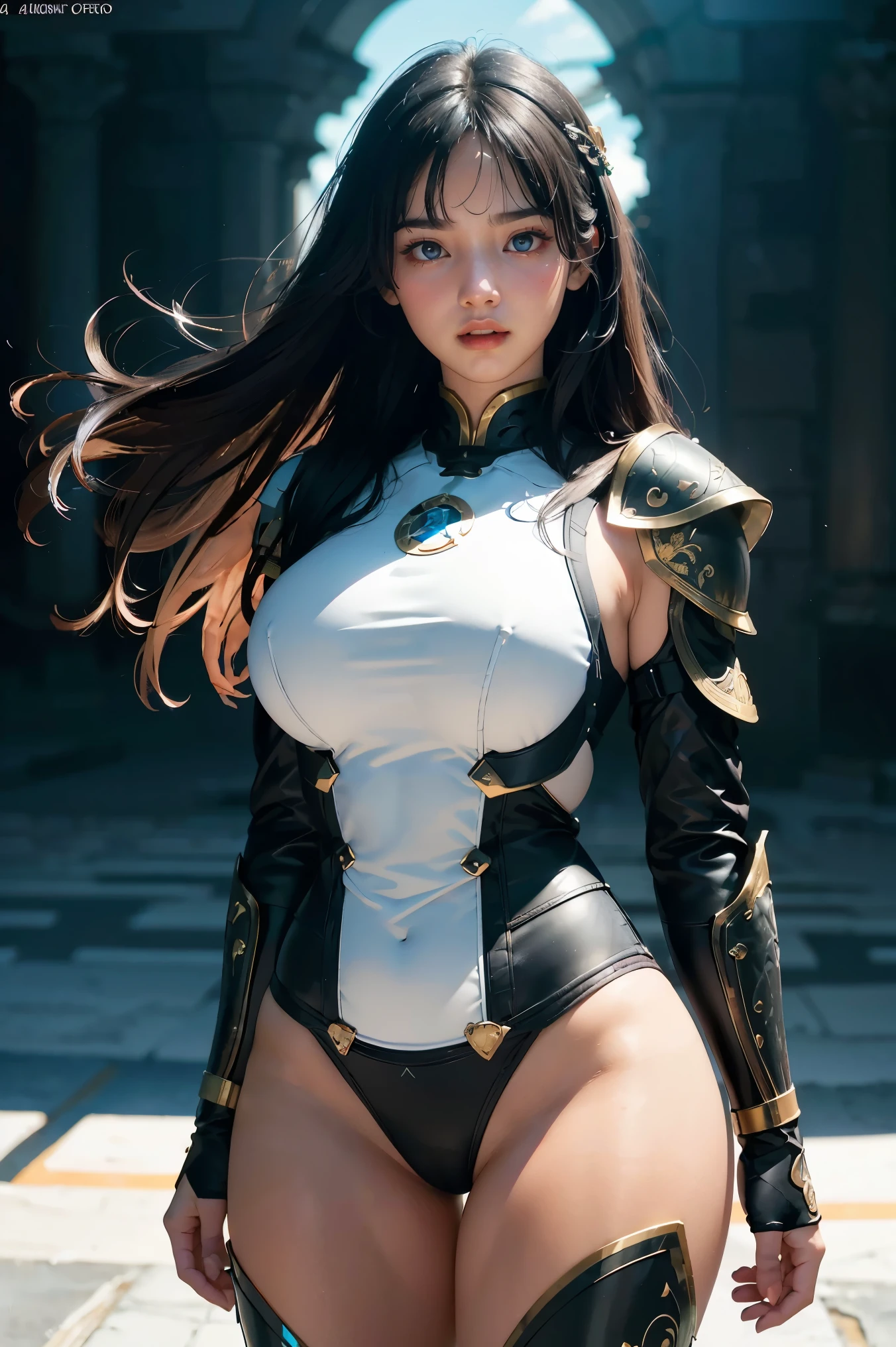 1girl, depth of field, official art, unity 8k wallpaper, ultra detailed, illustration, beautiful and aesthetic, masterpiece, best quality, knight, (big breasts), (milf, mature female), (black armor, armor, breastplate), beautiful face, (long hair, black hair,  very straight hair:1.4, hime cut:1.4), blue eyes, cowboy shot, glowing skin, back lighting, athletic figure, muscular female, curvy, wide hips, colorful, looking at viewer, Hyperrealistic, gradient background, dark background, outline, fantasy, from the front, watercolor, traditional media, (chromatic aberration, intricate details), thick body, kim kardashan body type, ice queen, ice blades flying around,