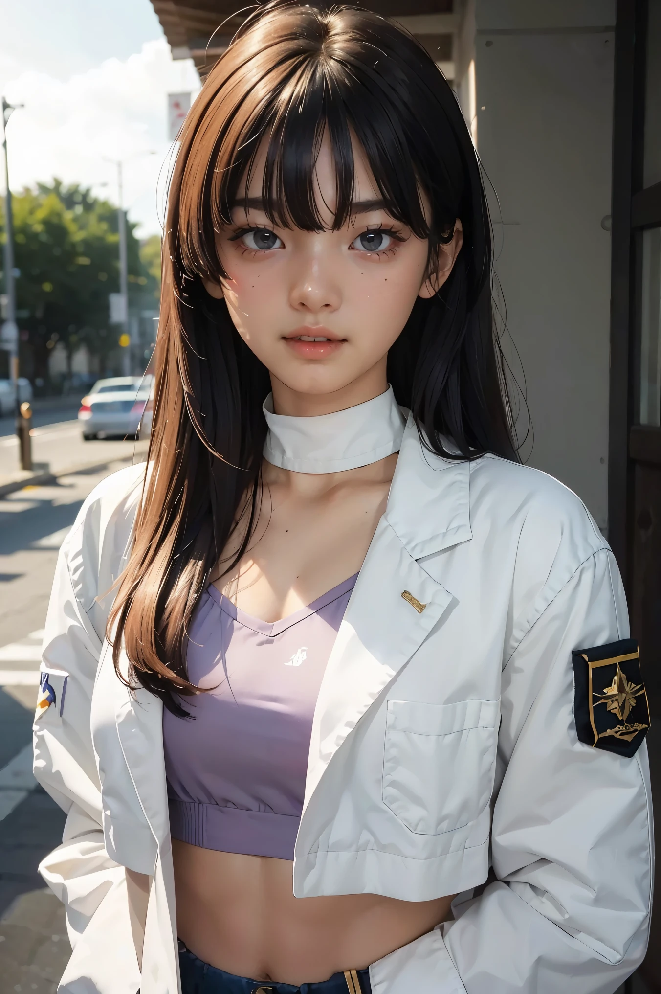 masterpiece, highres, screen shot, best quality, 1girl, (scar on left eye), white cropped jacket, highly detailed, rule of thirds, jewelry, long hair, bangs, hair between eyes