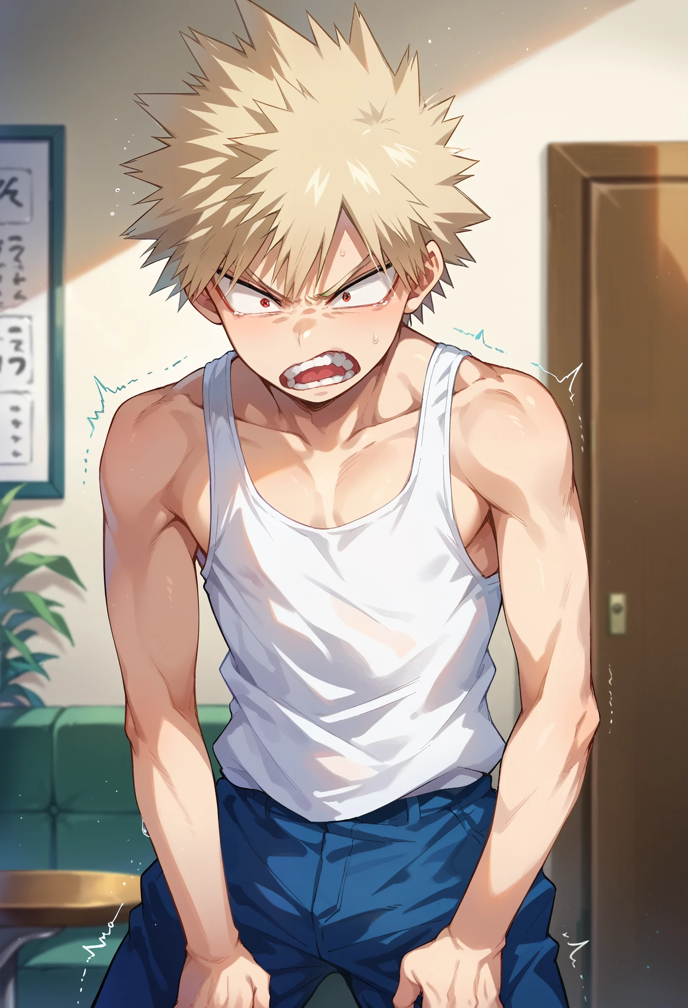 score_9, score_8_up, score_7_up, 1boy, solo, skinny, androgynous, bakugou,blonde hair,red eyes, (shoulder-length hair:1.5), spiked hair, white tank top, blue pants, angry, frown, teeth, shaking, screaming, standing, hands on crotch, looking at down, indoors, hall, lobby