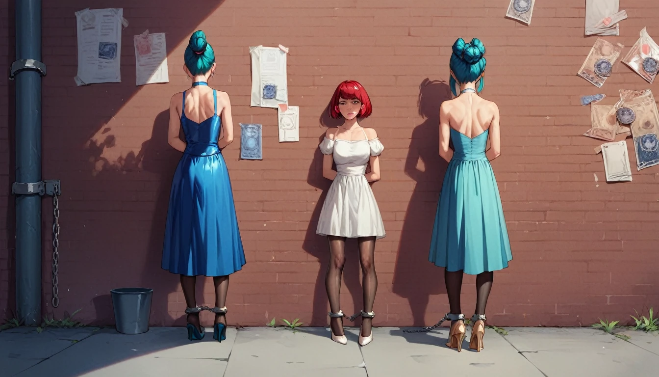 2girls, 31 yo, prostitute, stand in a row against the wall facing the wall, look at the wall, handcuffed,  in handcuffs behind their backs, arms behind back, bound arms, dressed in different colour (red, blue, teal, grey) sexy latex dresses and transparent pantyhose and high heels, different hairstyles (ponytail, updo, twin tails, bob cut), chained to the wall