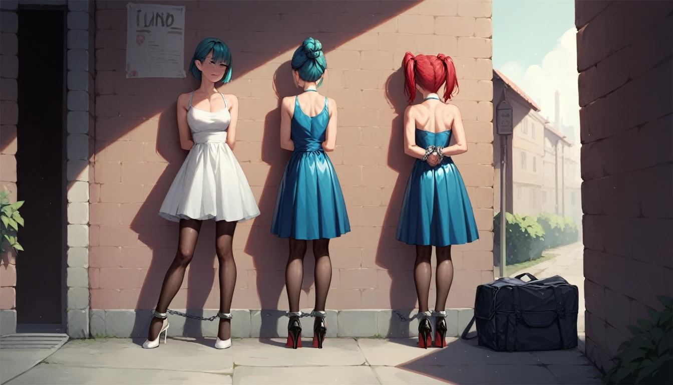 2girls, 31 yo, prostitute, stand in a row against the wall facing the wall, look at the wall, handcuffed,  in handcuffs behind their backs, arms behind back, bound arms, dressed in different colour (red, blue, teal, grey) sexy latex dresses and transparent pantyhose and high heels, different hairstyles (ponytail, updo, twin tails, bob cut), chained to the wall