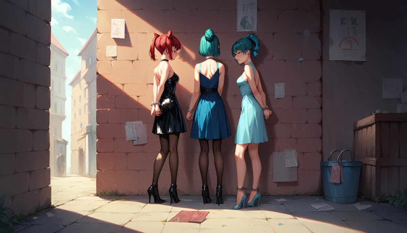 2girls, 31 yo, prostitute, stand in a row against the wall facing the wall, look at the wall, handcuffed,  in handcuffs behind their backs, arms behind back, bound arms, dressed in different colour (red, blue, teal, grey) sexy latex dresses and transparent pantyhose and high heels, different hairstyles (ponytail, updo, twin tails, bob cut), chained to the wall