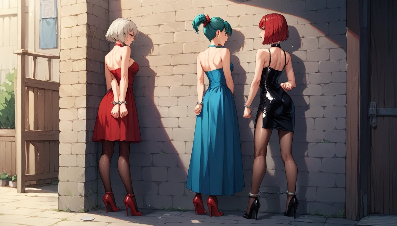 2girls, 31 yo, prostitute, stand in a row against the wall facing the wall, look at the wall, handcuffed,  in handcuffs behind their backs, arms behind back, bound arms, dressed in different colour (red, blue, teal, grey) sexy latex dresses and transparent pantyhose and high heels, different hairstyles (ponytail, updo, twin tails, bob cut), chained to the wall