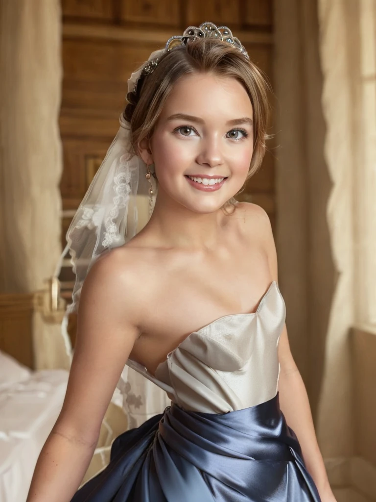 A Caucasian girl, blonde ponytail, BREAK, *********, standing, (satin princess dress, dark blue wedding dress:1.4), BREAK, (wedd00ing:1.2), (tiny tits, tt_flat), shooting from side, armpit, smiling, blushing face, bedroom, 