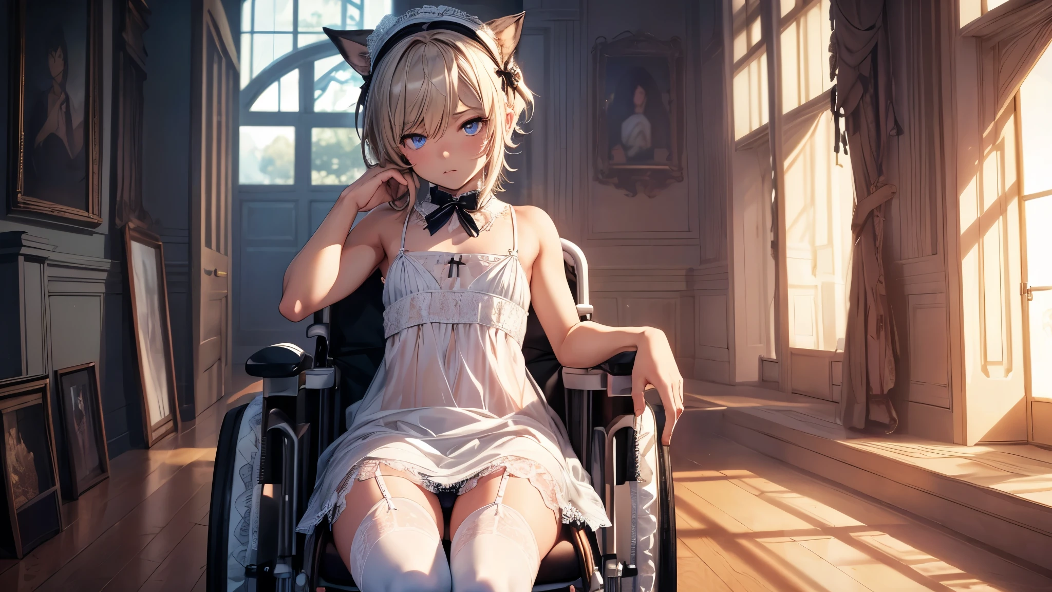 (ultra-detailed, realistic), [professional:1.1], [physically-based rendering], [vivid colors], [sharp focus], [extreme detail description], [best quality,4k,8k,highres,masterpiece:1.2],(cowboy shot),((one  boy,femboy,trap,flat chest)) ,((in wheelchair)),(Girl in lace underwear),(long shiver hair), [streesed eyes],((open skimpy ta dress, white lace stockings)), lace panties, the boy was forced to dress like a girl, femboy, sissy, skimpy dress, cute bow on head,  otoko no ko, (bulge in panties)