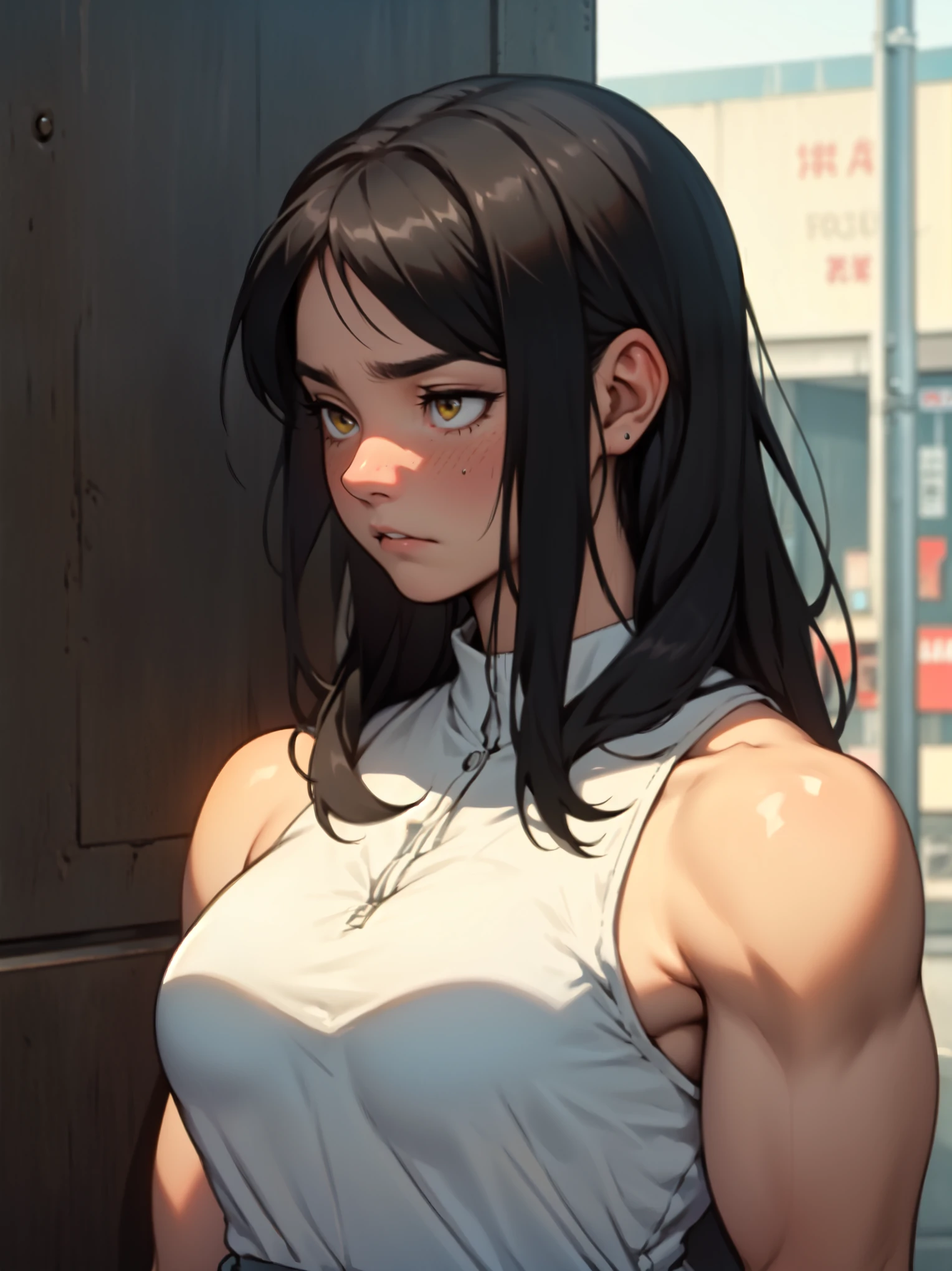 muscular girl perky breasts thick thick thick thick thick black hair yellow eyes pale skin expressionless sad frown seductive