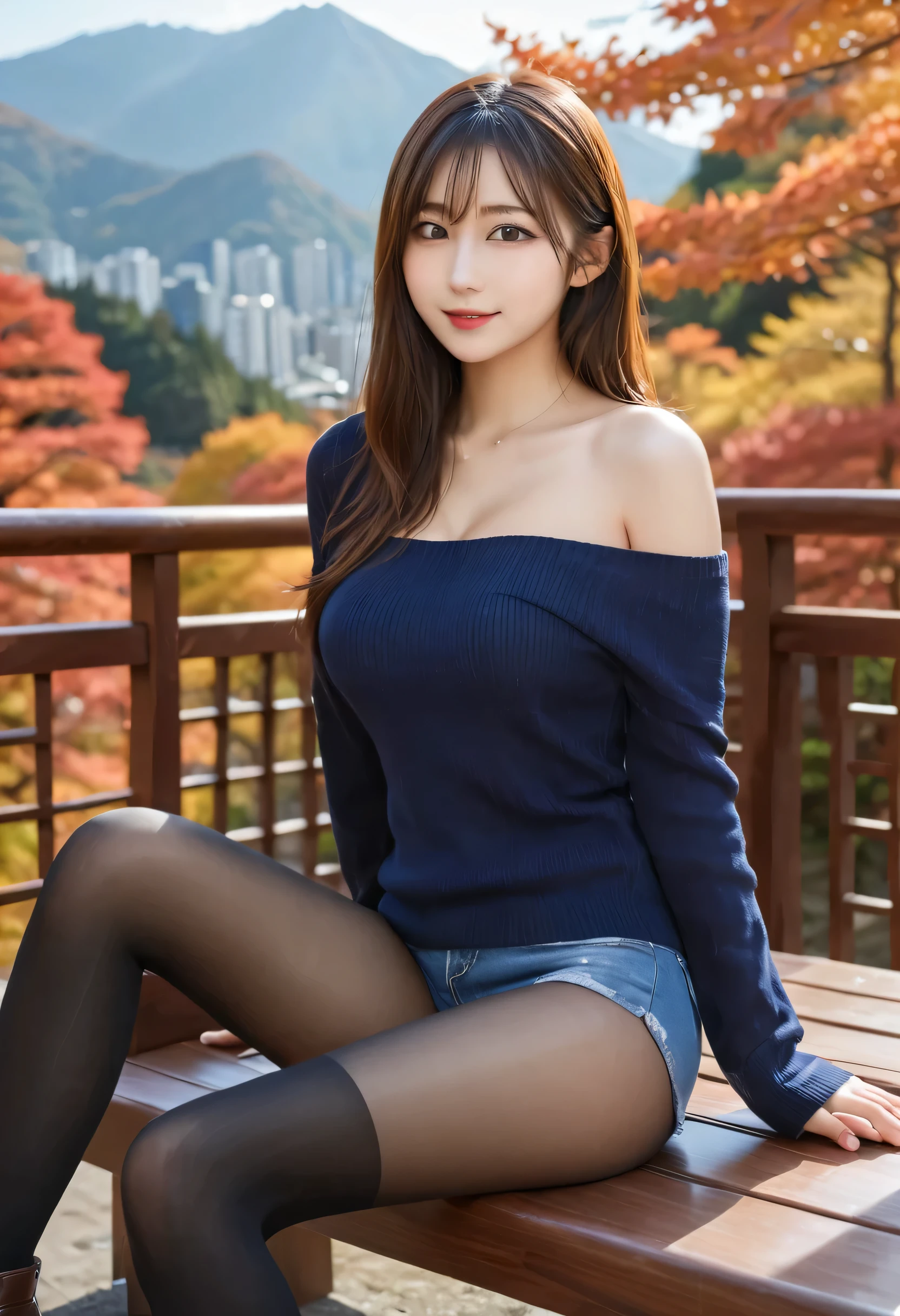 (raw photo, 8k, best quality, masterpiece:1.3), ultra high res, realistic, 1 beautiful japanese girl, 20's, medium breasts, pointy breasts, shiny skin, beautiful face, detailed skin, (slim abs:1.2), detailed breasts, detailed pussy, detailed ass, brown eyes, brown hair, mountain, autumn, daylight, sunlight, park, sitting on bench, smile, full body shot, (ribbed sweater, off shoulder), (denim shorts), (long boots), (black pantyhose:1.3)