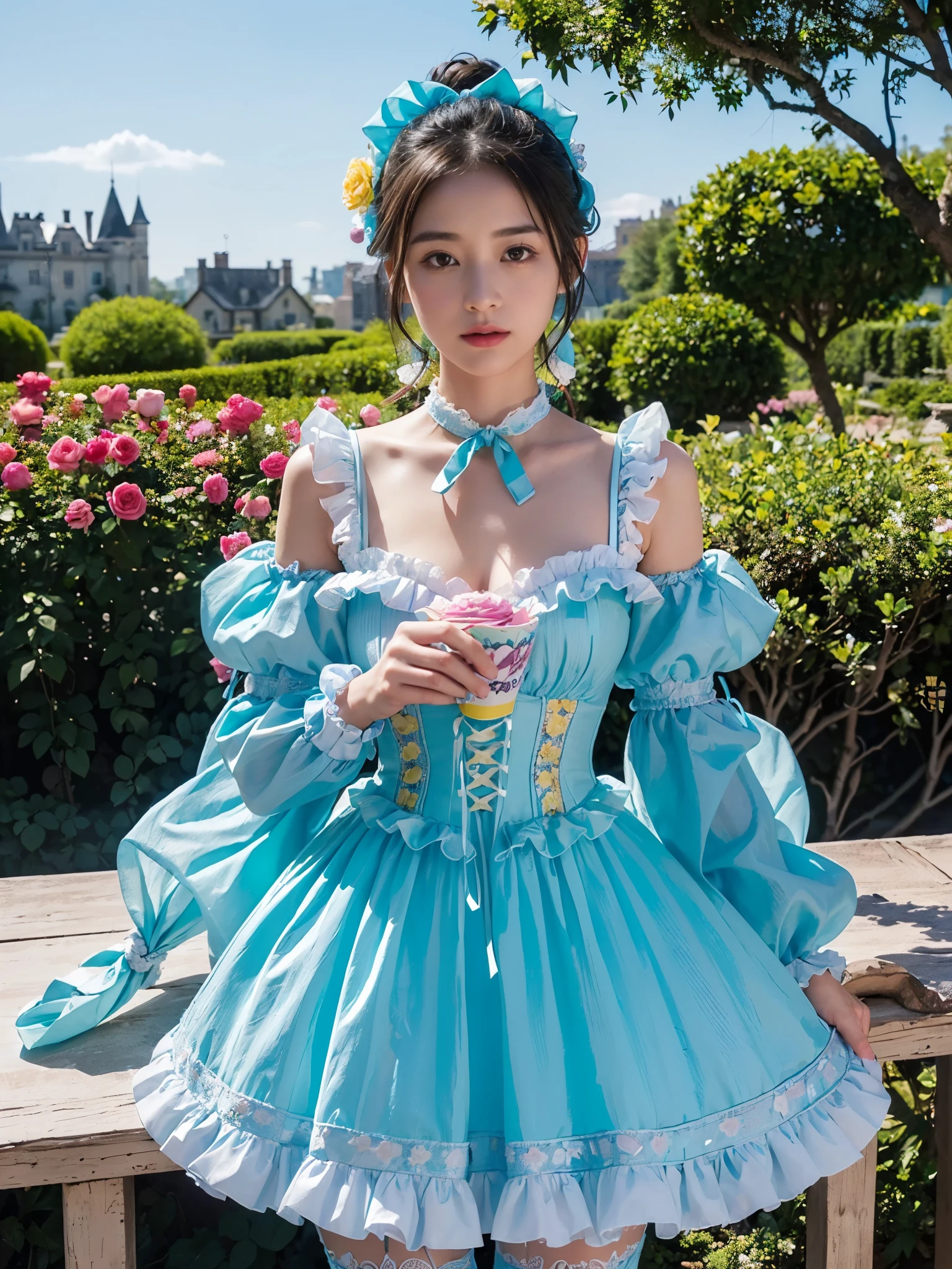 (masterpiece、top-quality、top-quality、Official art、Beautifully Aesthetic:1.2)、(One girl:1.3)、A highly detailed、(Fractal Art:1.1)、(colourfull:1.1), (florals:1.3)、The most detailed、(Zentangle:1.2)、full body Esbian、(Blue sky and rose garden:1.3)、(shinny skin)、(Many colors:1.4), (pluma:1.5)、masterpiece、top-quality、top-quality、Official art、Beautifully Aesthetic:1.2)、(1girl in)、ighly detailed、(Fractal Art:1.3)、colourfull、highestdetailed、long、A dark-haired、big eye、Women in Japan、(Ruffle frills, extremely detailed Chiffon Lace Ribbon Suspenders, (turquoise blue and yellow Stripe Design Pastel Coloring extremely detailed dress),extremely detailed Big Ribbon Headband, extremely detailed Open Colorborn, extremely detailed puff sleeves, extremely detailed Tied thin ribbon corset, extremely detailed Balloon skirt, extremely detailed White Net Tights, Colorful star-shaped bead accessories)、Cute table、Drinking tea、Tea、teapot、macaroons, You can see the castle behind