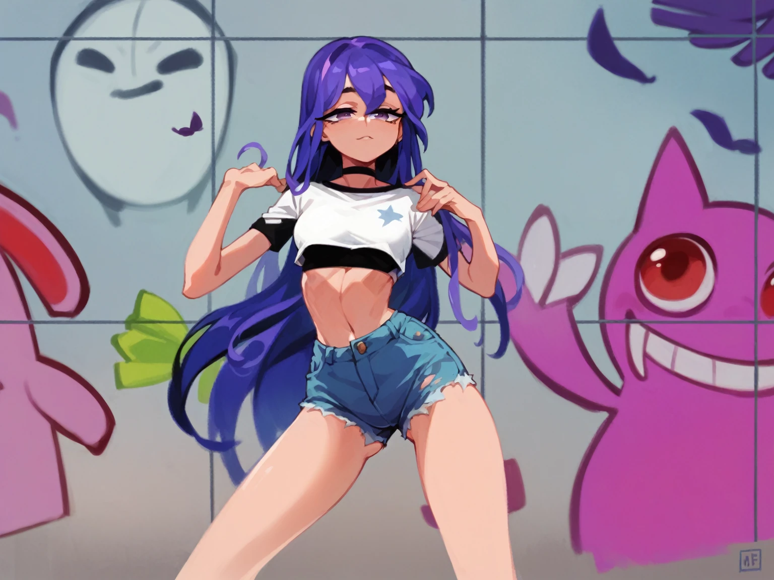 Masterpiece , Excellent quality , high resolution , 1 woman , Long Lilac Hair , White crop top , Jean Shorts , abdomen , big breasts , Long legs , dancing 