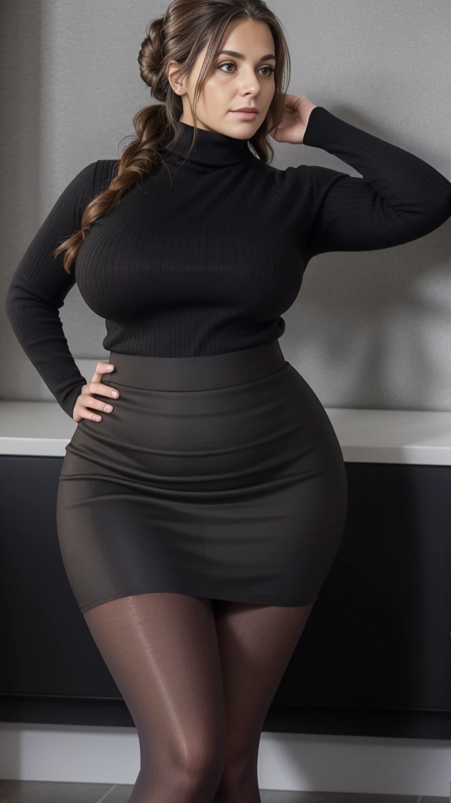 Full body shot of 1 beautiful italian  35yo woman , large body, voluptuous woman, dark bun messy  hair, ,  turtleneck sweater,  scarf, sexy  skirt,  black tights black pantyhose tempting , dreaming, curvy hourglass figure, oppai proportion, heavy exaggerated proportions short skirt tight skirt fuck pussy spread legs 