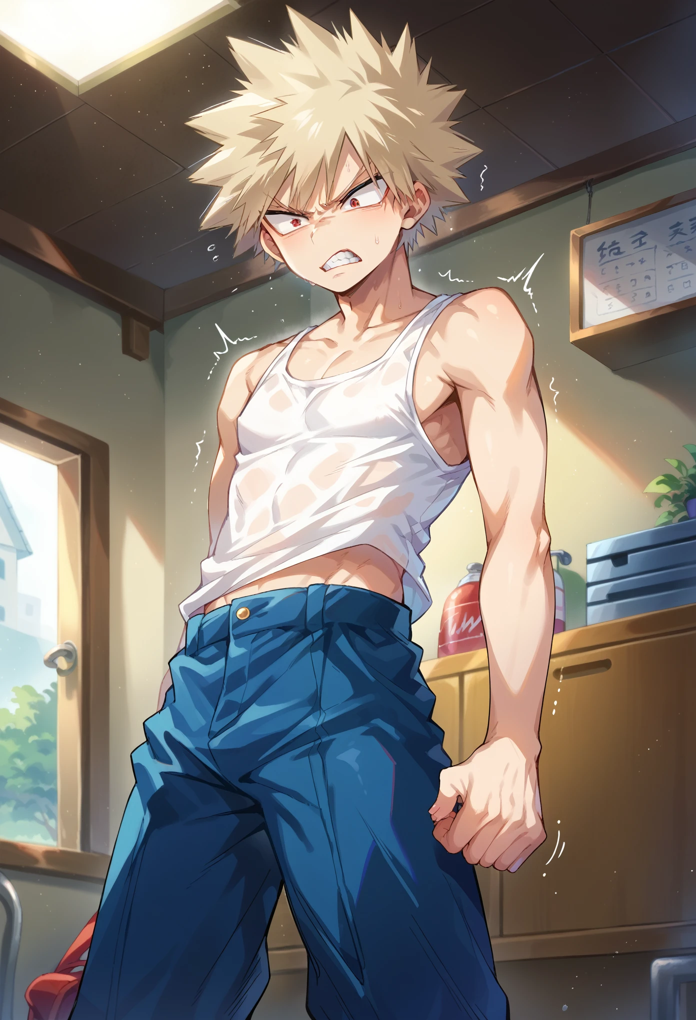 score_9, score_8_up, score_7_up, 1boy, solo, skinny, androgynous, bakugou,blonde hair,red eyes, remarked vagina, (shoulder-length hair:1.5), spiked hair, white tank top, blue pants, angry, frown, teeth, shaking, standing, looking at down, indoors, hall, lobby