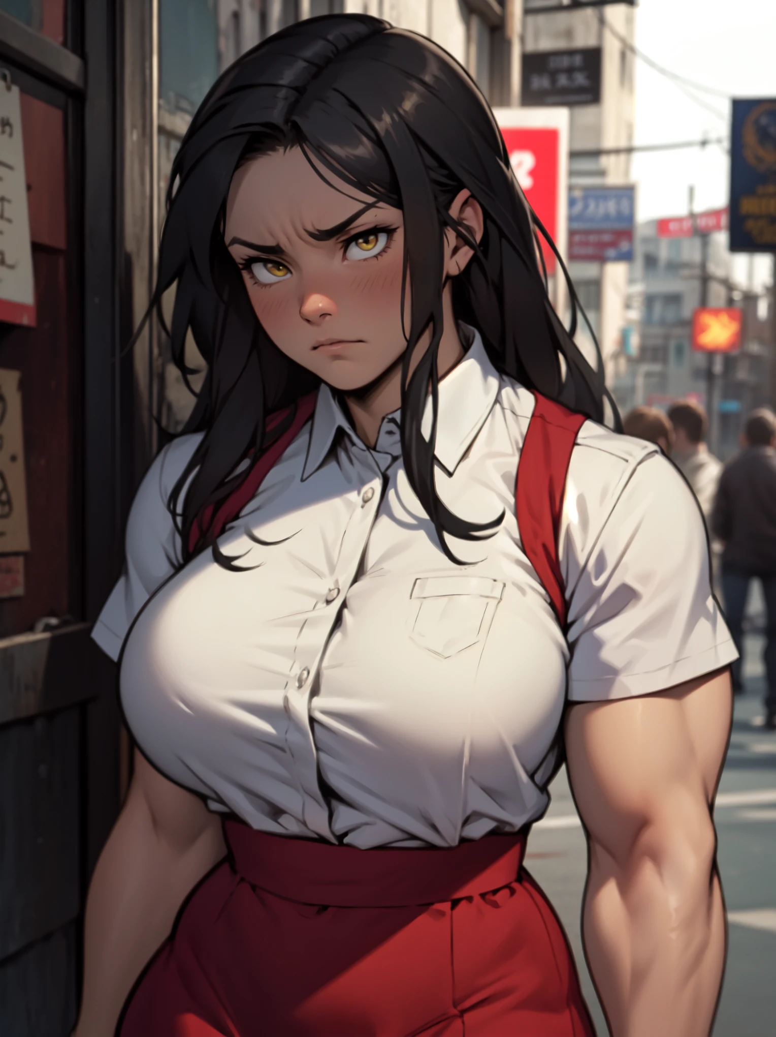 huge muscles huge breasts huge thighs pale skin black hair yellow eyes very long hair muscular girl sad expressionless plated skirt long sleeve tight t-shirt