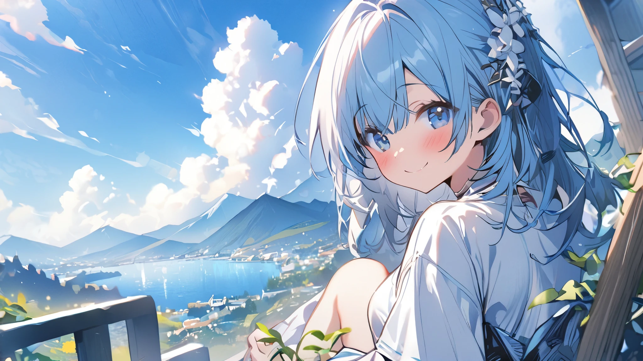 One girl、Outdoor stairs、Blue Sea、The mountains beyond々、Clear sky、White Clouds、Planting、(Look at the back)、()、(Sit down)、(Smile)、(Blushing)、abstract