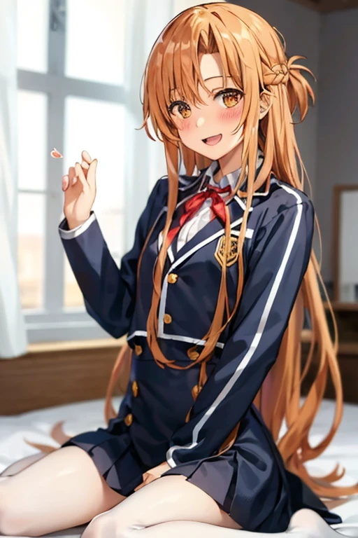 ((Best Quality)), ((masterpiece)), (be familiar with), Perfect Face, indoor, bedroom, Watching the audience,
One woman, Yuuki Asuna,
Open Mouth, Ecstatic expression, blush, smile,
Small breasts, Flat Chest, , , , Girl,
Long Hair, Long Hair,
Leg spread,