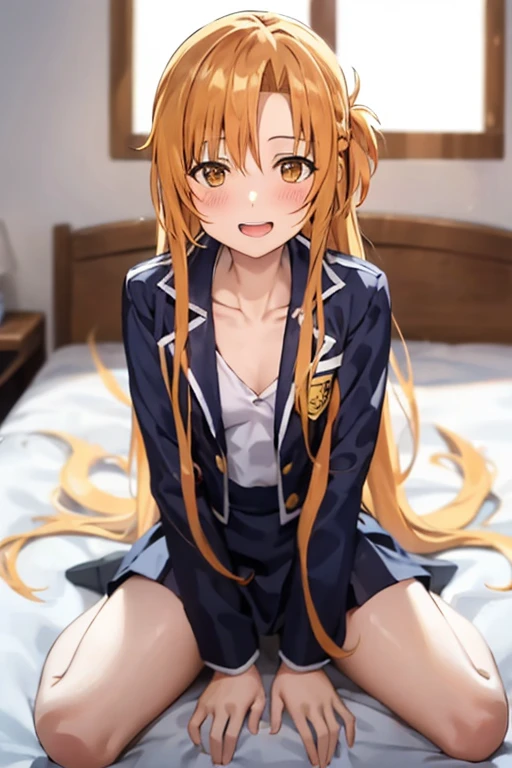 ((Best Quality)), ((masterpiece)), (be familiar with), Perfect Face, indoor, bedroom, Watching the audience,
One woman, Yuuki Asuna,
Open Mouth, Ecstatic expression, blush, smile,
Small breasts, Flat Chest, , , , Girl,
Long Hair, Long Hair,
Leg spread,