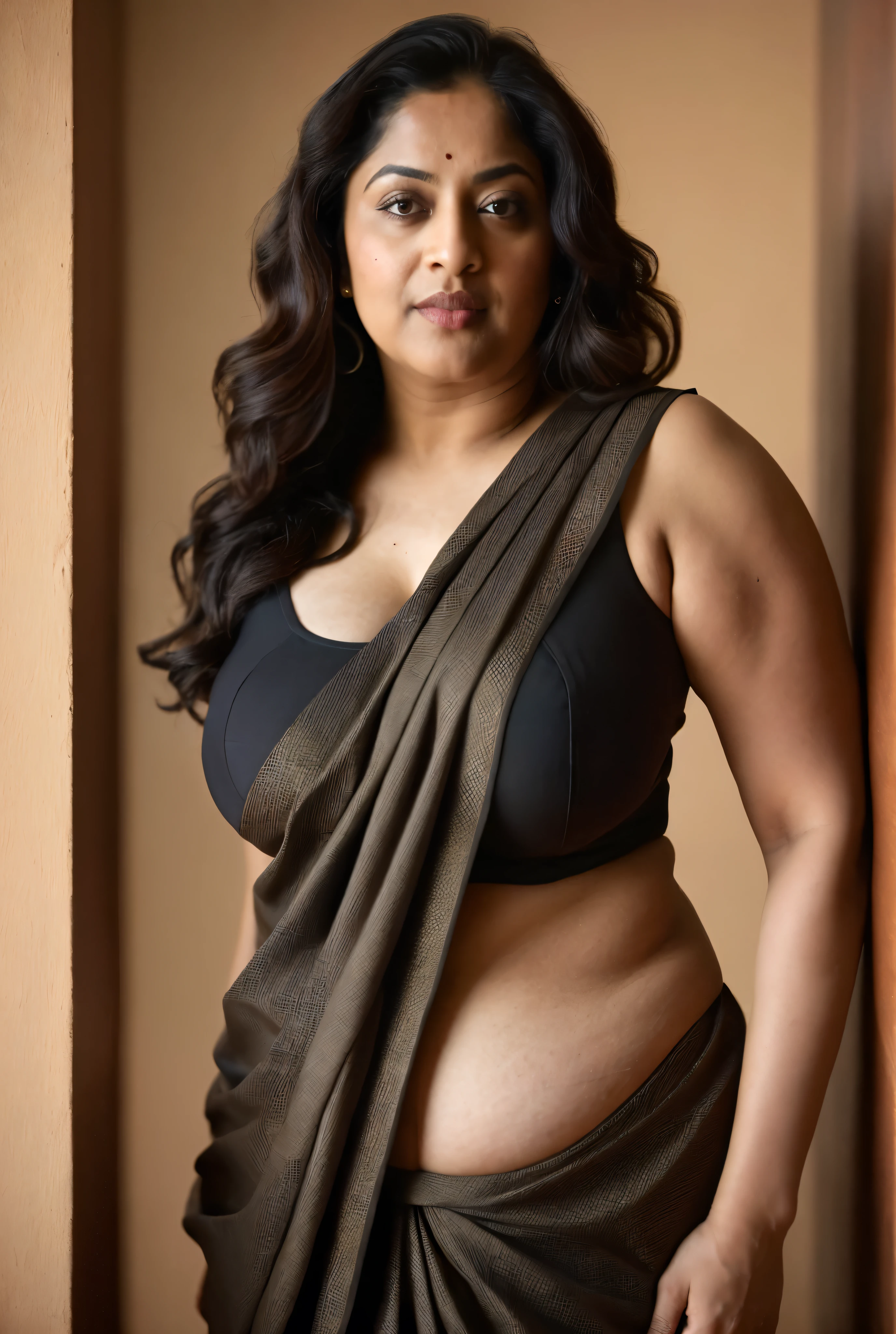 Looks like Sandeepa Dhar, a photo portrait of a beautiful girl 70 years old Woman, padosan aunty, aunti ji, mature aunty, mature beauty, maternal curve, curvy mommy, Sexy milf, curvy hot mommy figure, fleshy figure, thick arms, feminine curve, deep BLACK lips, ethnic traditional Indian strapless Bra, stanapatta, saree without blouse, with curls, styled black hair, (face portrait:1.5), dramatic light, Rembrandt lighting scheme, bust shot, linen tank top, top quality editorial photograph, skin texture, skin pores, chocolate skin, high quality skin, top quality photography, professional photography, professional retouching, insane detailing, warm moody tones, modern clothes, highly detailed armpits, skin pores, visible veins, skin texture, freckles 0.1, juicy thick belly, bulky fleshy figure, sexy mature maternal curve, sexy thick navel folds, detailed stubble armpits, insanely detailed skin texture, jiggly belly, teasing with her alluring thick figure, rough mature skin, alluring desi Amma, juicy deep navel, yummy mummy,