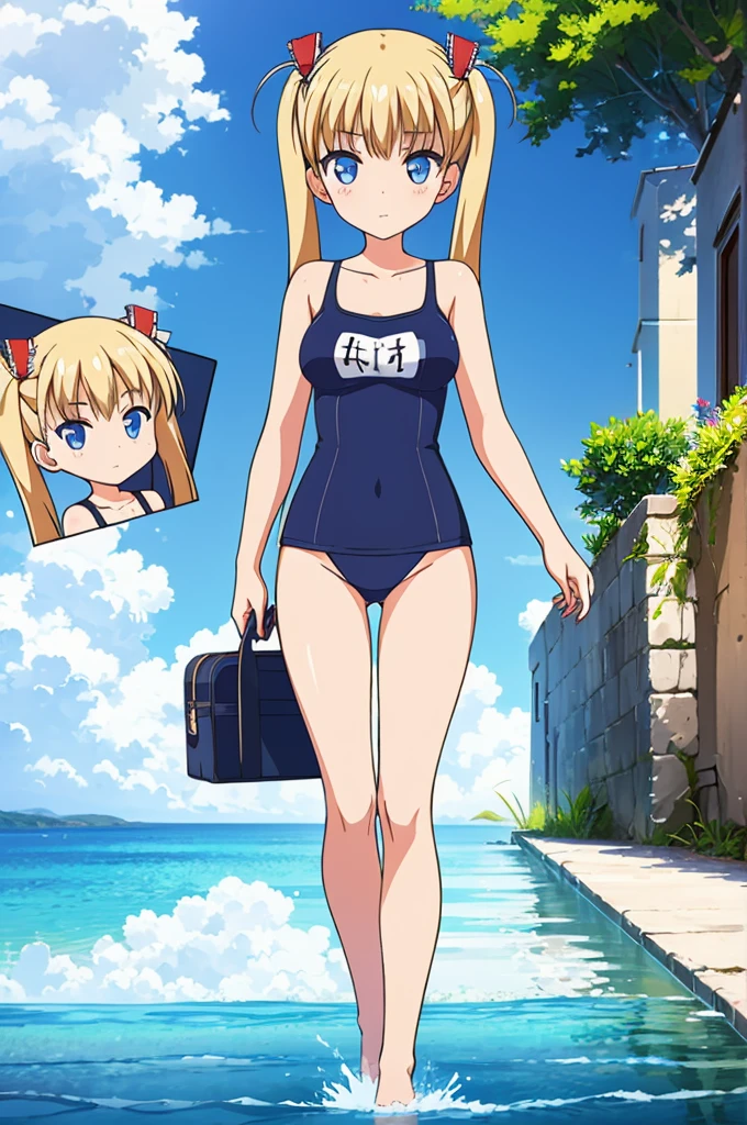 ((masterpiece)),(best quality),official art,extremely detailed CG,unity 8k wallpaper,ultra detailed,A lighthouse on a cliff by the sea,1girl,solo,cowboy shot,school_swimsuit,name_tag,blue_one-piece_swimsuit,blonde_hair,low_twintails,white_thighhighs,sailor_hat,semi-rimless_eyewear,blue_eyes,peaked_cap,red-framed_eyewear,large_breasts,looking_at_viewer,long_hair,smile,white_headwear,<lora:I8(kan)>,