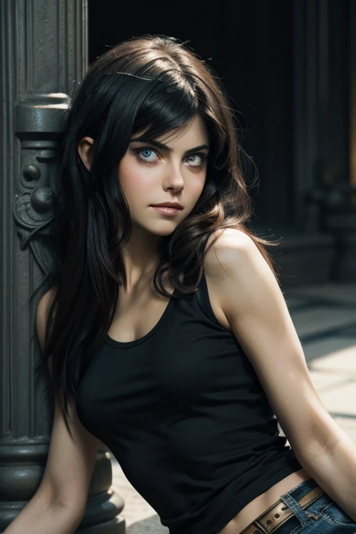 Alexandea Daddario, masterpiece, best quality, ((1girl)),black hair, blue eyes,serious expression, smiling,waist up,line art,medium hair, white tank top,expressionless eyes,((Tite Kubo style))