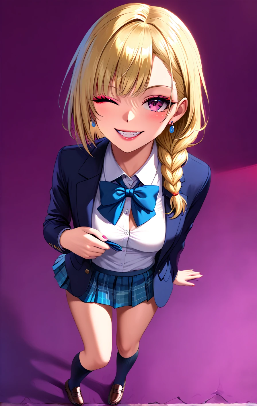 ((ultra detailed, 8k, high res, masterpiece)), (Highly detailed face), ((detailed look:1.8)), (A detailed face, edgy), Teenage girl, One woman, full body, beautiful woman, (fair skin, full makeup), blonde hair, braid hair, seductive smile, evil grin, earrings, (school uniform, blazer, mini skirt), one eye closed, cowboy shot, high angle:1.5, looking up, seductive pose