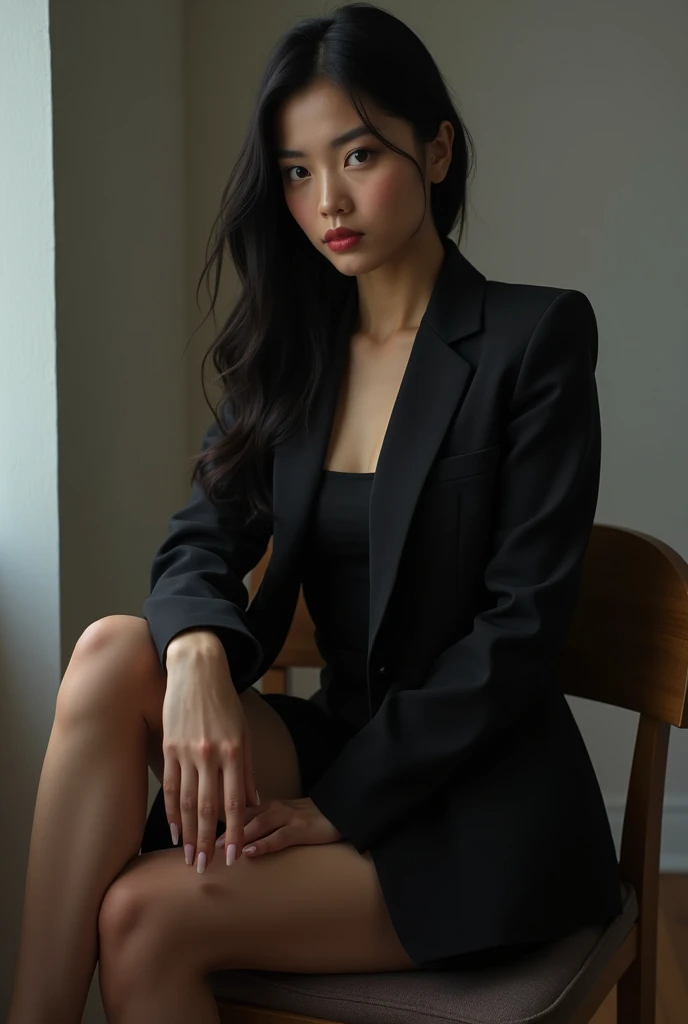top view, a beautiful Korean woman with long black hair girl, wearing suit, going up stairs, in building, daylight, cinema style, real photo,