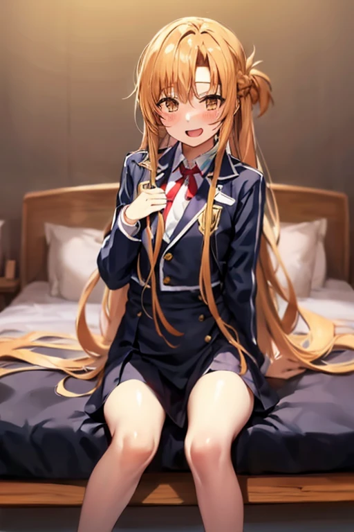 ((Best Quality)), ((masterpiece)), (be familiar with), Perfect Face, indoor, bedroom, Watching the audience,
One woman, Yuuki Asuna,
Open Mouth, Ecstatic expression, blush, smile,
Small breasts, Flat Chest, , , child, Girl,
Long Hair, Long Hair,
Leg spread,