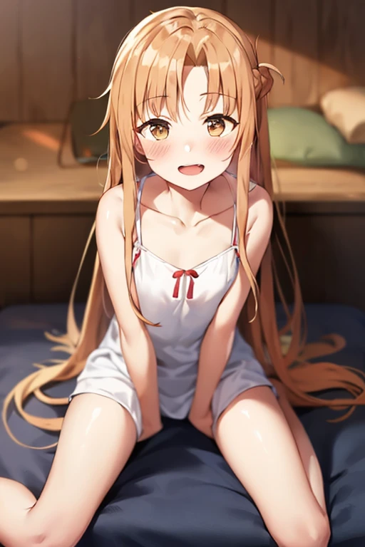 ((Best Quality)), ((masterpiece)), (be familiar with), Perfect Face, indoor, bedroom, Watching the audience,
One woman, Yuuki Asuna,
Open Mouth, Ecstatic expression, blush, smile,
Small breasts, Flat Chest, , , child, Girl,
Long Hair, Long Hair,
Leg spread,